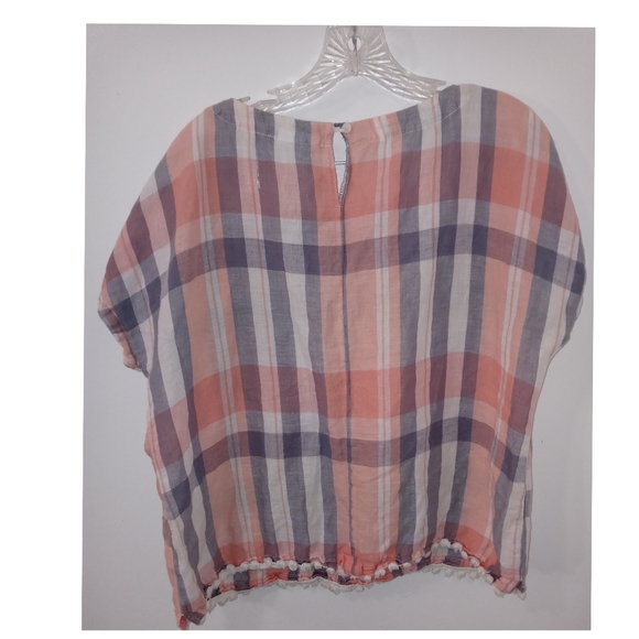 Neutral Check Print Linen Cotton Blend Gray White Peach Orange Top Size Large● - Picture 6 of 16